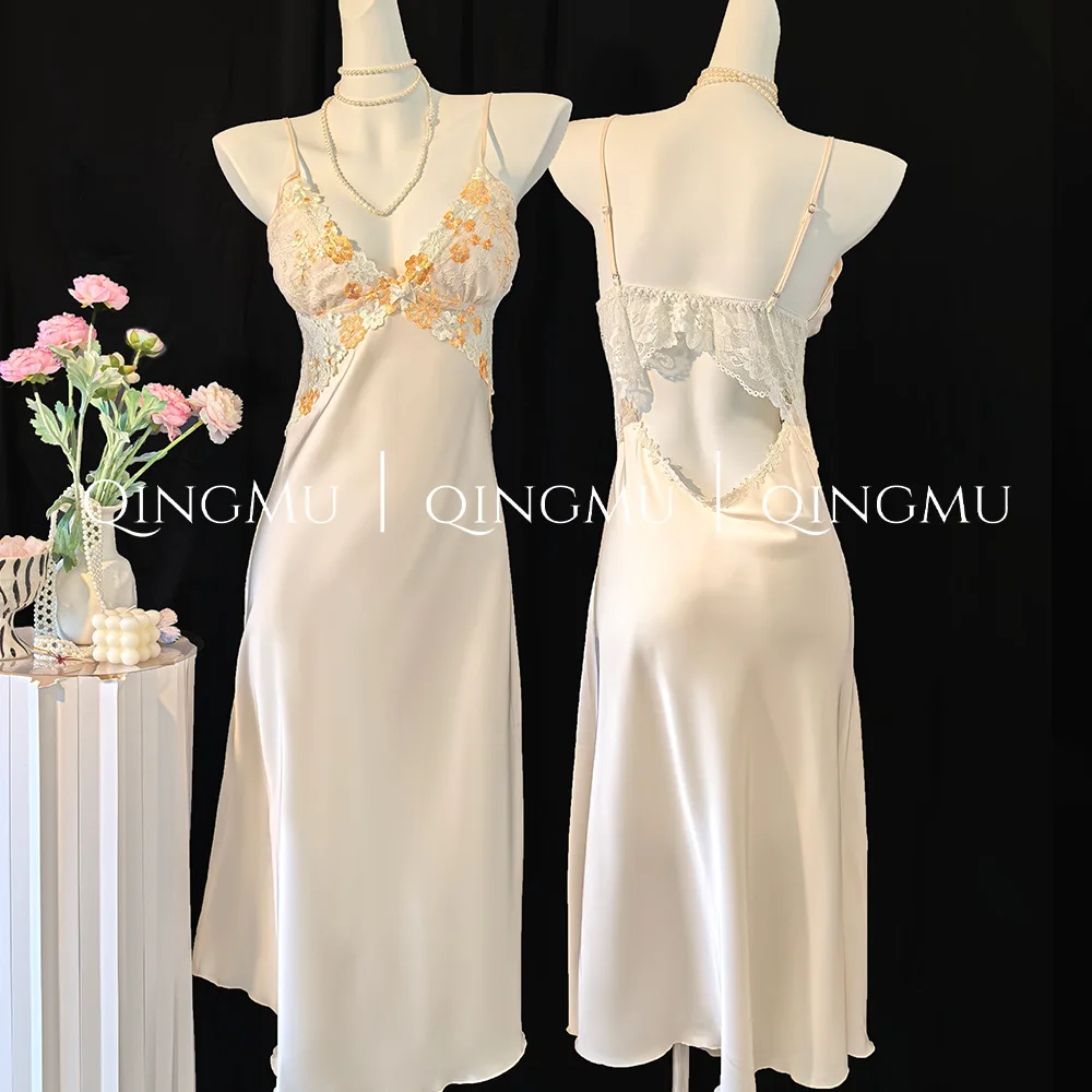 

French beauty back suspender lace nightdress women's summer imitation silk loungewear ice silk pajamas women's models