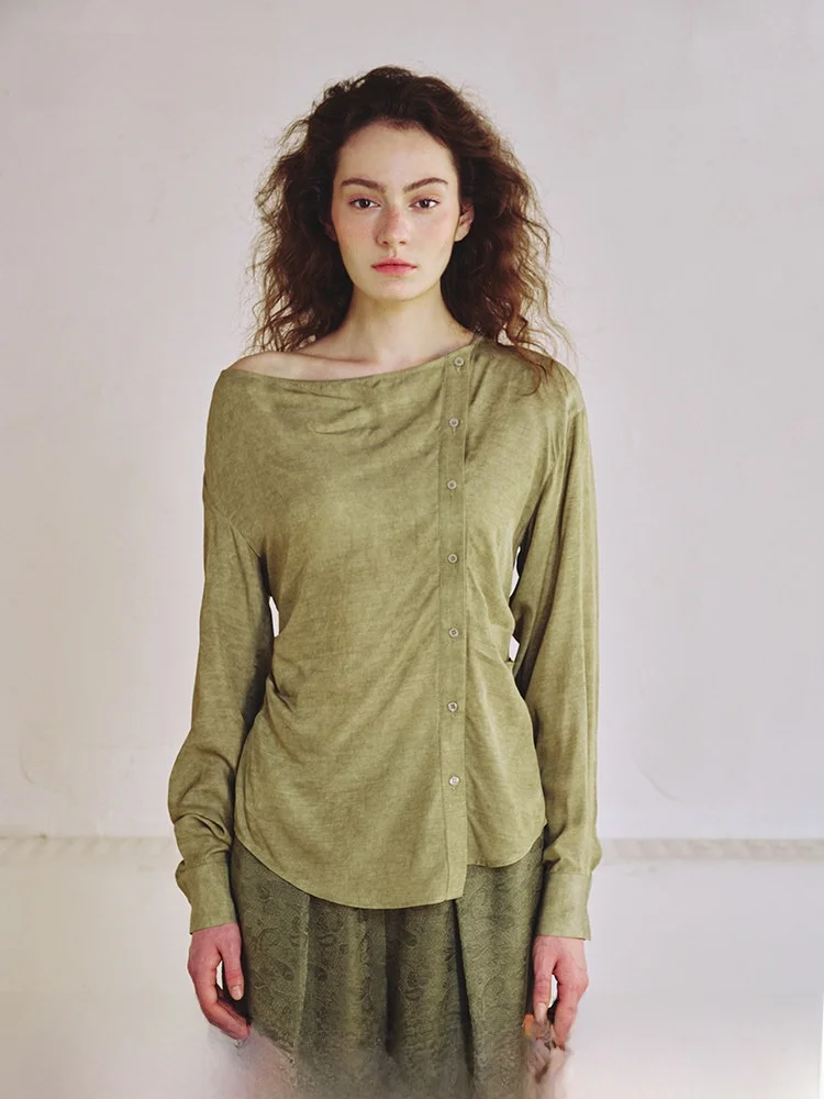 

Женская свободная блузка Hamere с длинным рукавом, асимметричным вырезом на пуговицах, открытыми плечами, плиссированная, из мягкого хлопка и льна, с эффектом тай-дай, весна-лето