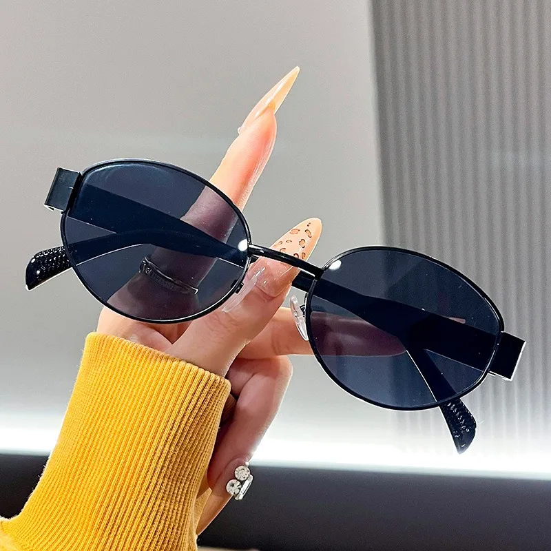 نظارات شمسية عصرية على شكل بيضاوي للسفر، نظارات شمسية معدنية للأزياء الراقية، نظارات شمسية للتخسيس لتظليل الشمس #1