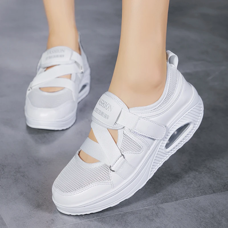 Cushion Platform Shoes Women Casual Shoes Ladies Sneakers Breathable Mesh Spring Summer Wedge Shoes Ankle Strap Flats