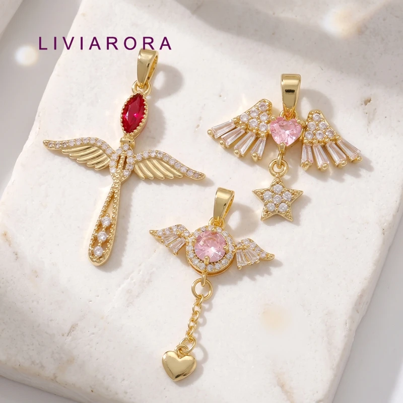 2Pcs 18K Gold Plated Brass Guardian Angel Wing Cross Pendant Pink Red Zirconia Star Heart Dangle Charms For Necklace Making