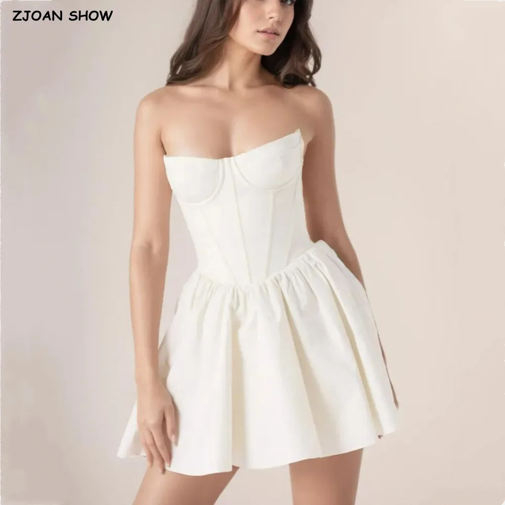 2025 Sexy Beige avec fil poitrine Mini Robe sans bretelles femmes croix laçage dos taille basse froncé Robe de bal robes Robe de soirée