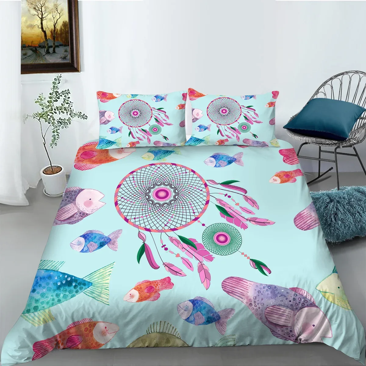 Colorful Dream Catcher Bedding Set King Queen Fish and Feather Dreamlike Duvet Cover Boho Polyester Quilt Cover for Girls Women