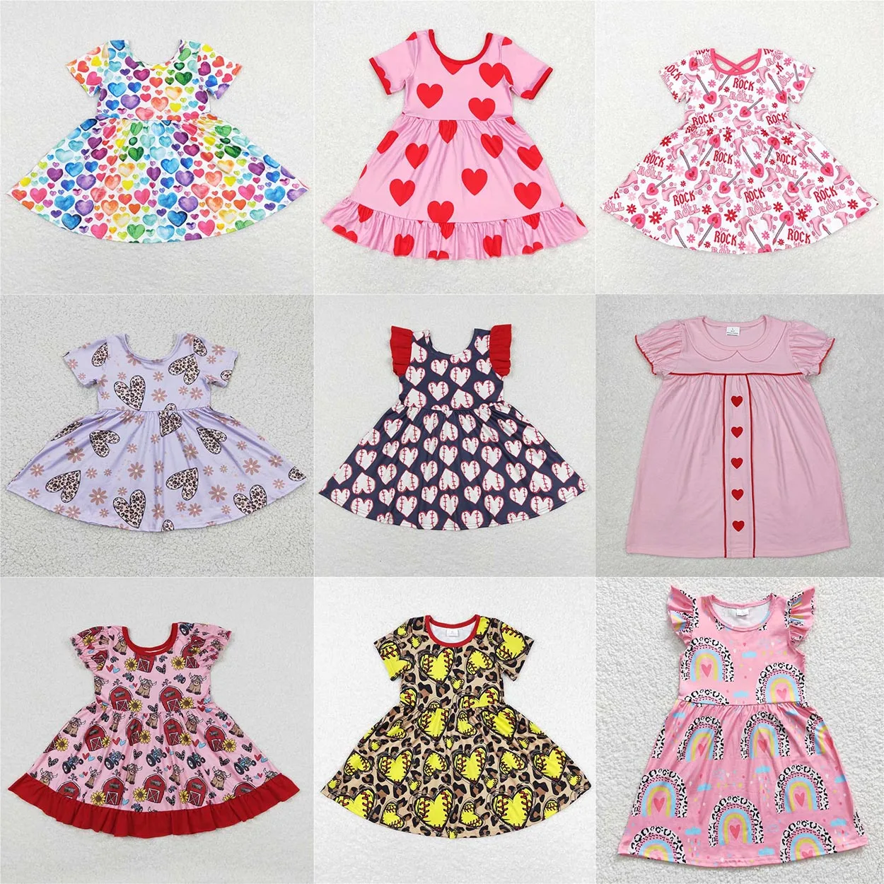 Kids Valentine\'s Day Dress Short Sleeve Heart Print Baby Girls Clothing Toddler Boutique Clothes