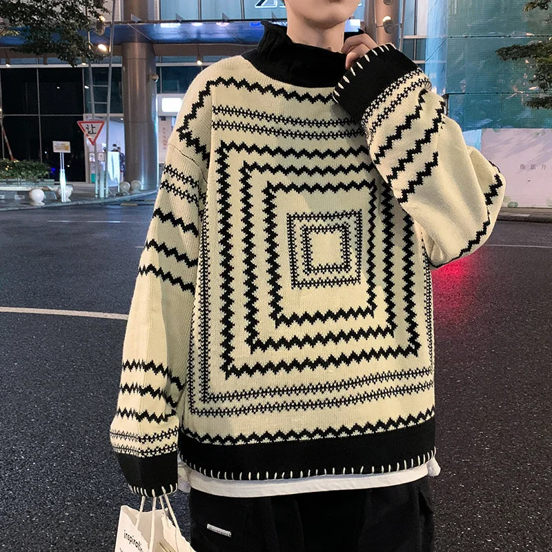 

And Autumn Winter Turtleneck Sweater Men's Harajuku Loose Stripe Kinttwear Tops New Ins Streetwear Sweaters 2Y2281