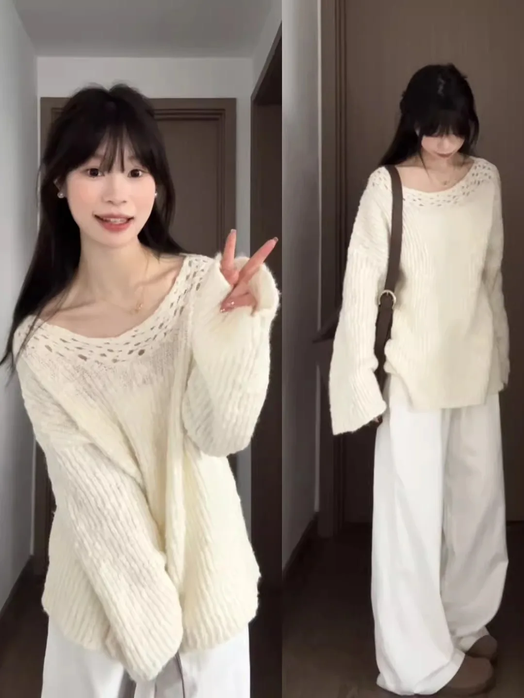 

Khaki Hollow out oulder One-oulder Knitted Sweater Women's Autumn Winter Unique Beautiful Lazy oulder Overhead Top