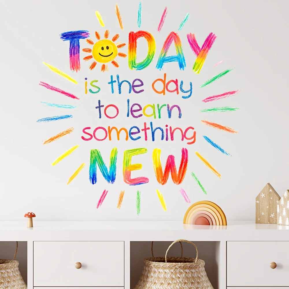 2D Flat 1Pc Modern Art and Creative Theme Wall Sticker, Today Is a Day to Learn New Things, Colorful Sun Design Sticker, Self-Adhesive Pvc Removable Wall Decoration Sticker, Suitable for Classroom, Study Room, Dining Room, Bedroom, Living Room, Kitchen, Doors, Windows, Cabinets, Glass, Tiles, and Wall Decoration, Cute Stickers That Are Attractive and Practical, Easily Create a Cozy Space