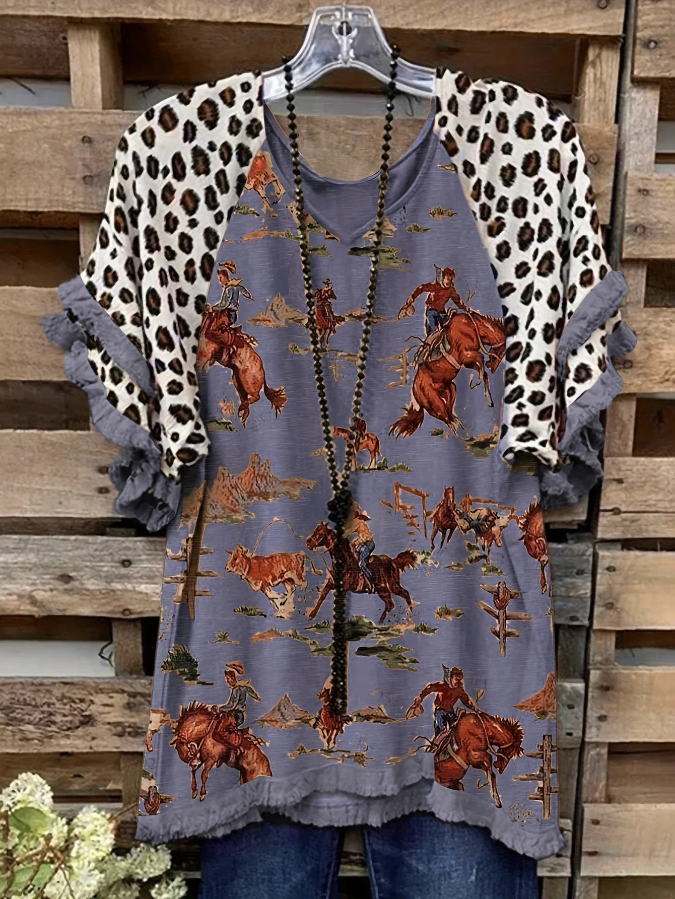 

Summer T-Shirts 2025 Women's Chic Patchwork Leopard Print Short Sleeve Round-Neck Daily Basic T-Shirts
