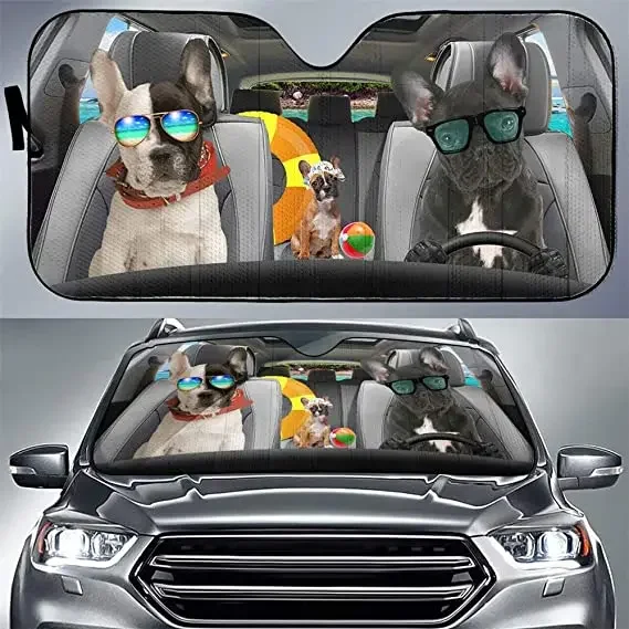 Boston terrier family driving dad mom and kids love dog car sunshade car windshield sunshade for uv sun protection car sunshade