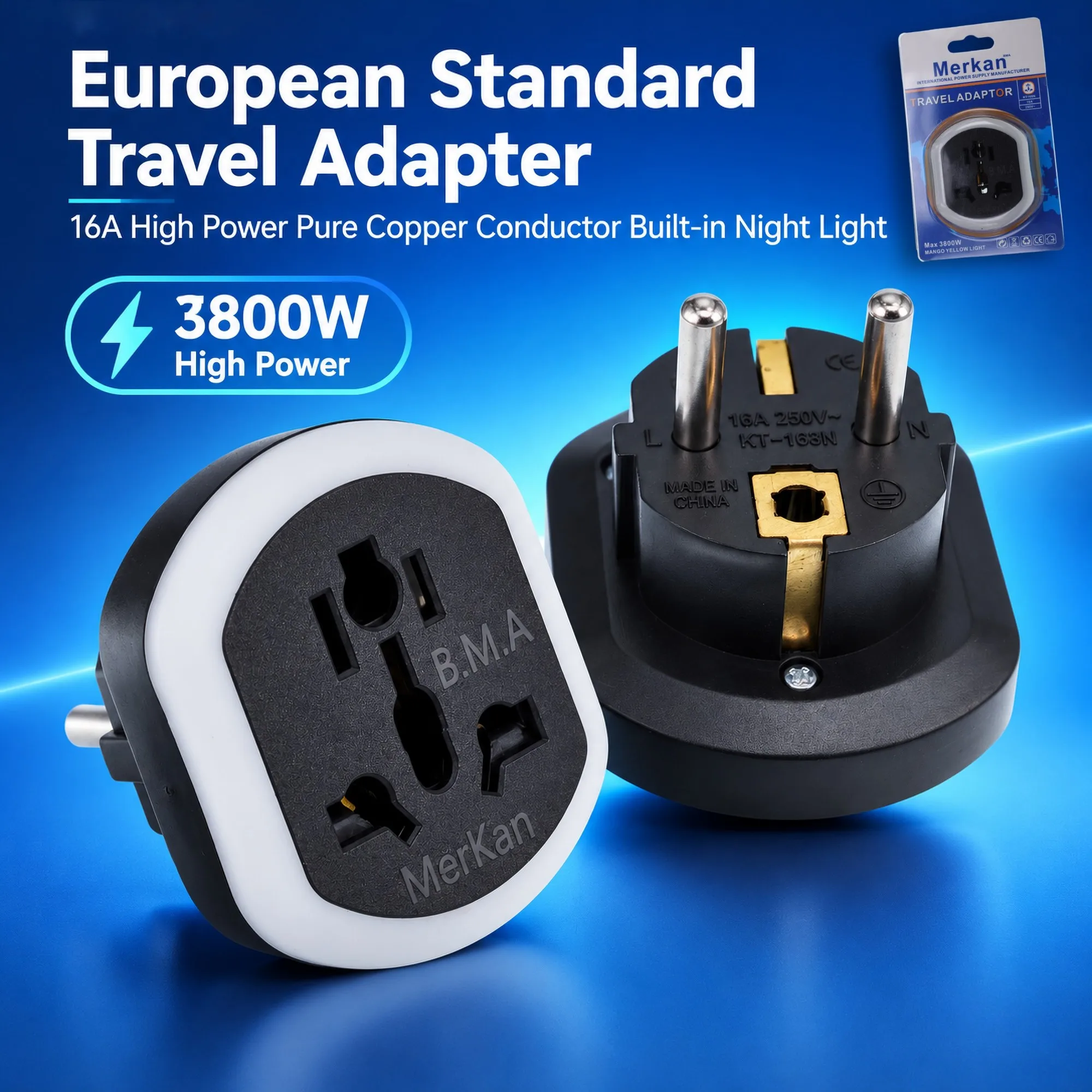 EU Type F Schuko Travel Adapter Universal Socket with Night Light for South Korea,Russia Germany France Spain Laptop Phone16A ce