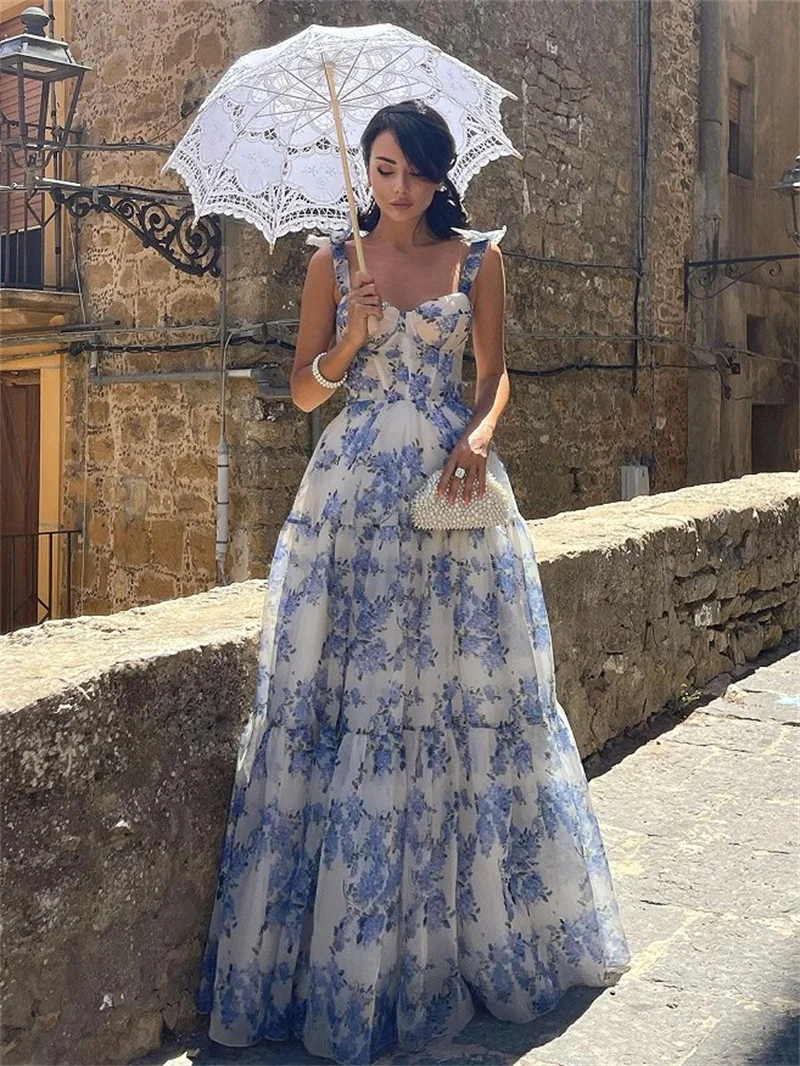 Elegante abito da sera da festa con stampa moda donna senza schienale senza maniche con cinturino per Spaghetti Maxi abiti da ballo a vita alta lunghezza del pavimento