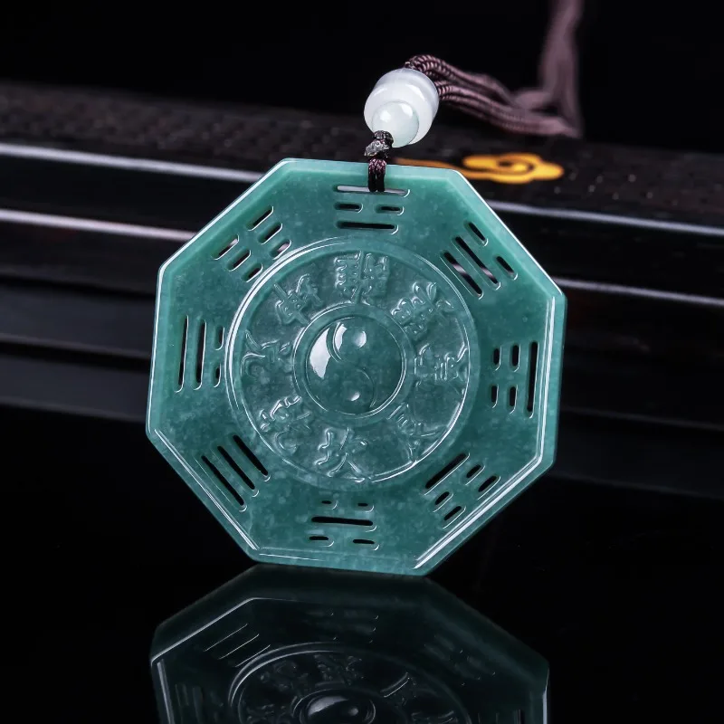 Real New Natural Emerald Jade Blue Hollowed-out Eight Diagrams Pendant Necklace Jadeite Jewelry Fashion Amulet Gifts Certificate