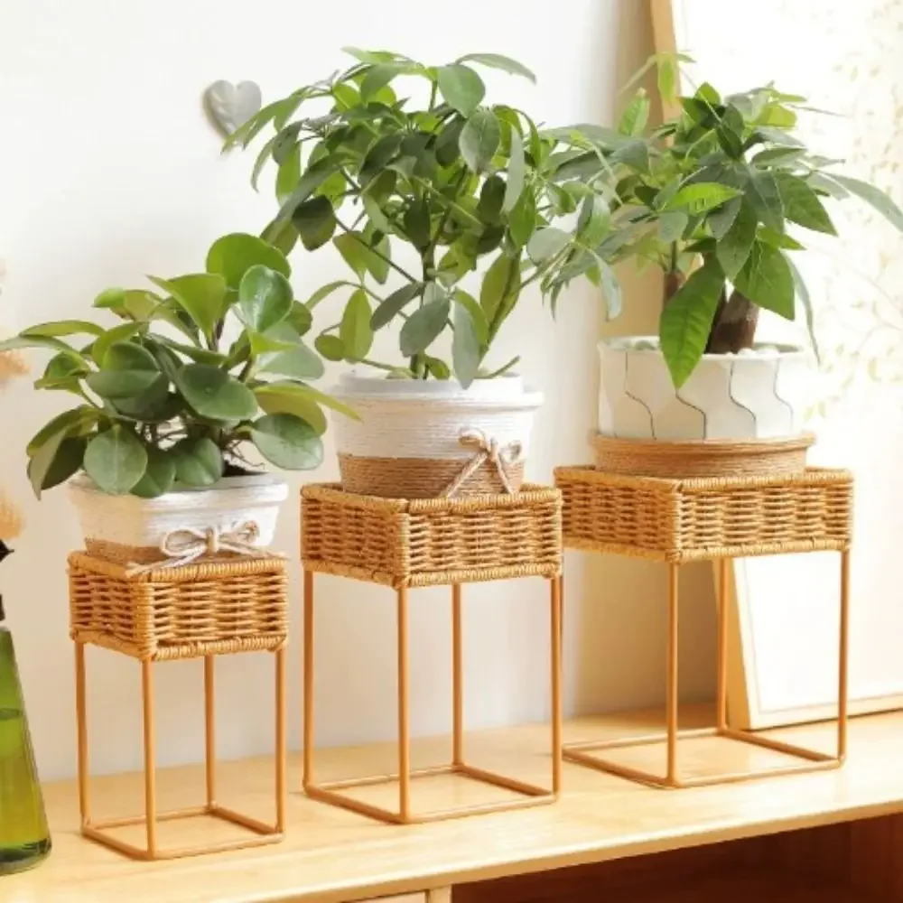 Mini Imitation Rattan Flower Pot Rack 3 Sizes with Flowerpot Indoor Decor Shelf Book Holders Rustic Wicker Plant Stand