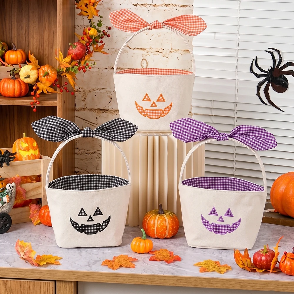 Kleiner Kürbis-Halloween-Korb aus Segeltuch, Süßigkeiten-Eimer mit Gingham-Schleifengriff für Kinder, Trick-or-Treat-Party-Dekoration – Detail 1