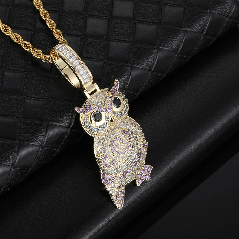 D&Z New Owl Shape Pendant Hollow Back Iced Out AAA Cubic Zircon Stones Hip Hop Gold Silver Color Charm Chains Jewelry Gift