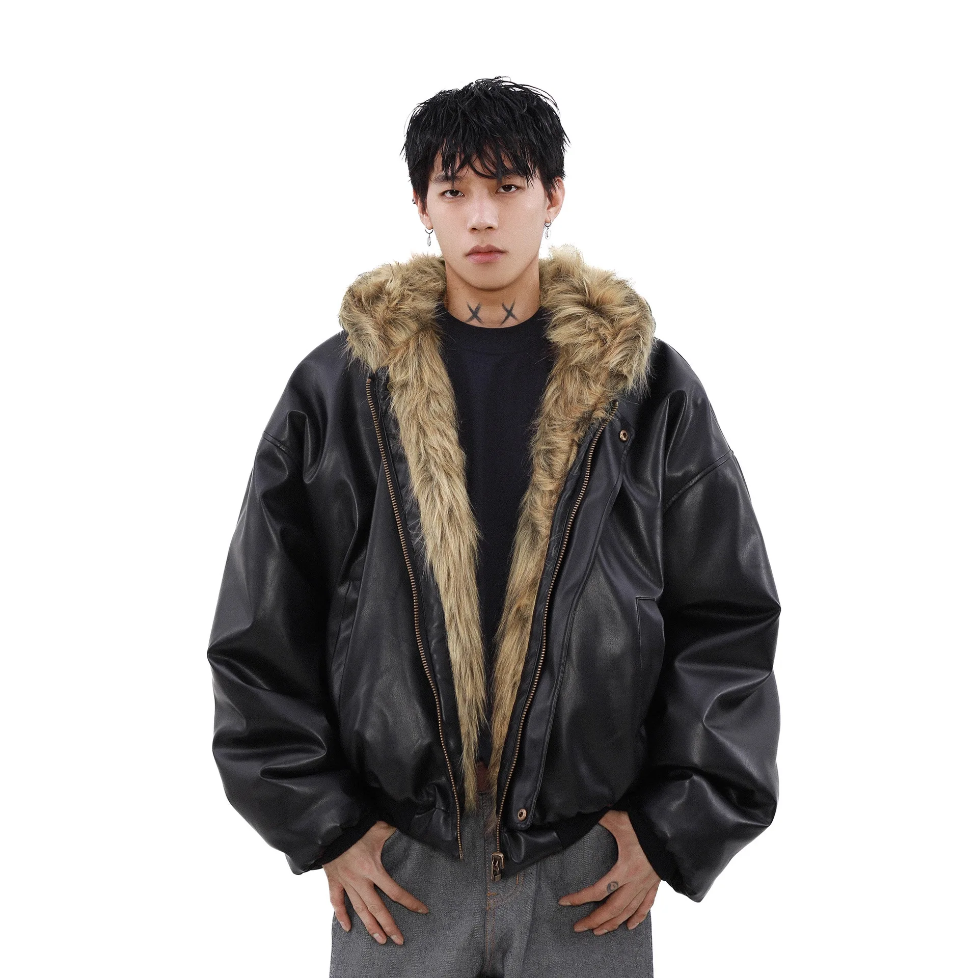 Luxury Vintage Short American Faux Fur Coat New Reversible Wear Hooded Warm Pu Leather Jacket Winter Thick Chic Outerwear New