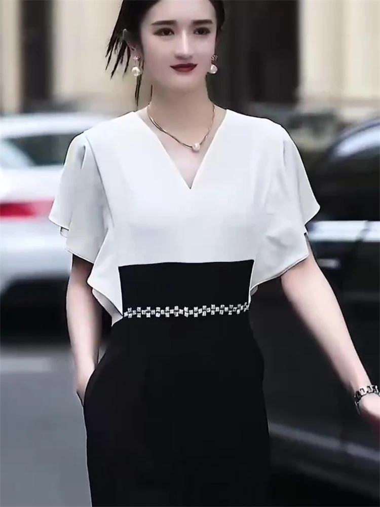 

Ele High Street Faion One-Piece Summer New V-ne Slimming Versatile Women's Rer High Waist Wide Leg Pants