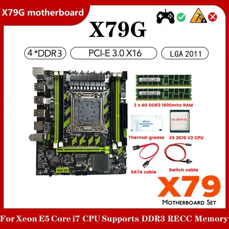 

X79G LGA2011 4XDDR3 Slot M.2 PCI-E X16 USB SATA3.0 Motherboard+E5 2670 V2 CPU+2X4G DDR3 RAM+Switch Cable+Thermal Grease