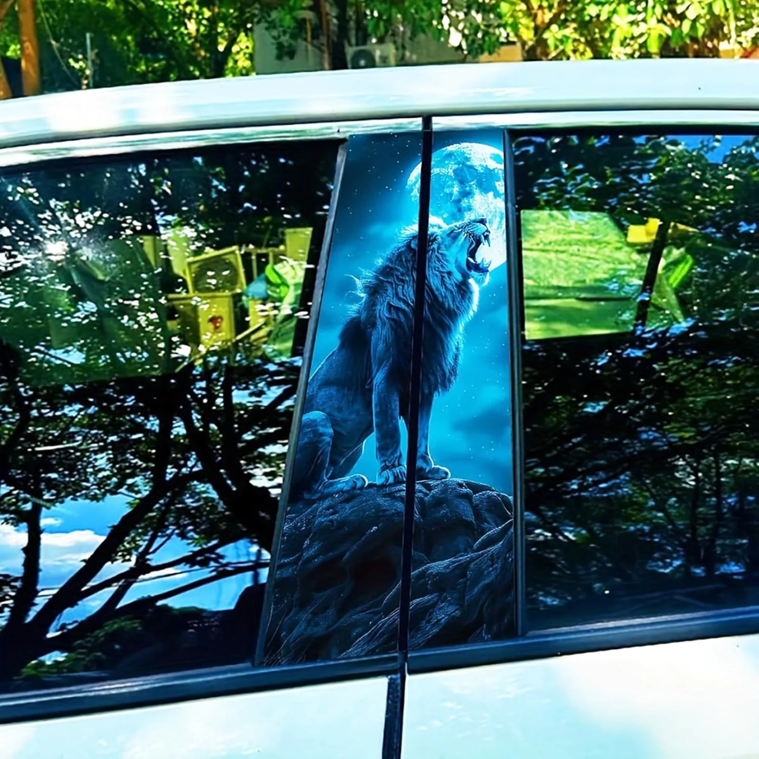 2Pcs Mirrored Moonlit Roaring Lion B‑Pillar Auto Decal 25x50cm Blue‑Tone Domineering Car Exterior Decor