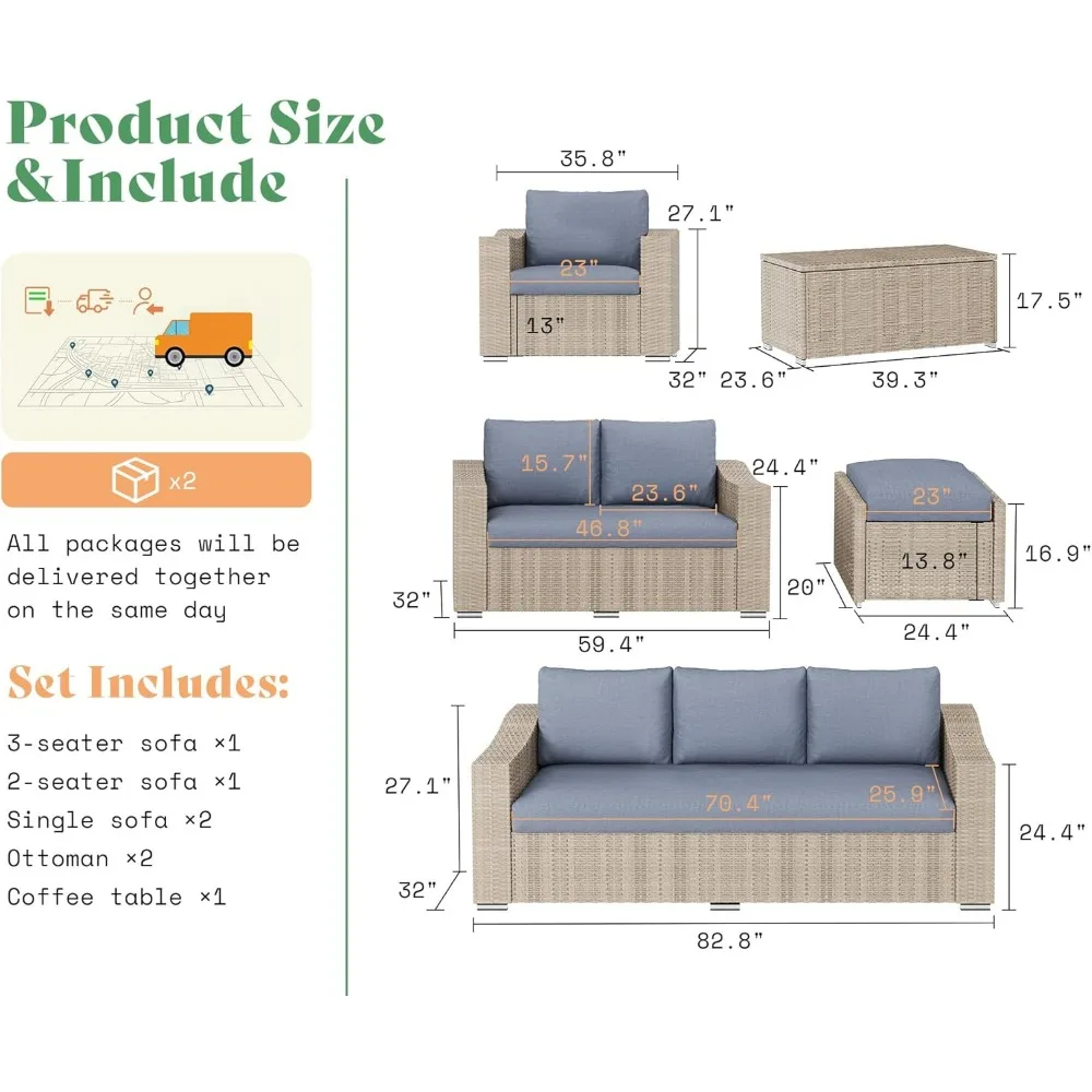 Набор мебели для патио из 10 предметов, плетеный уличный диван для бесед с журнальным столиком для хранения, 2 пуфика, патио