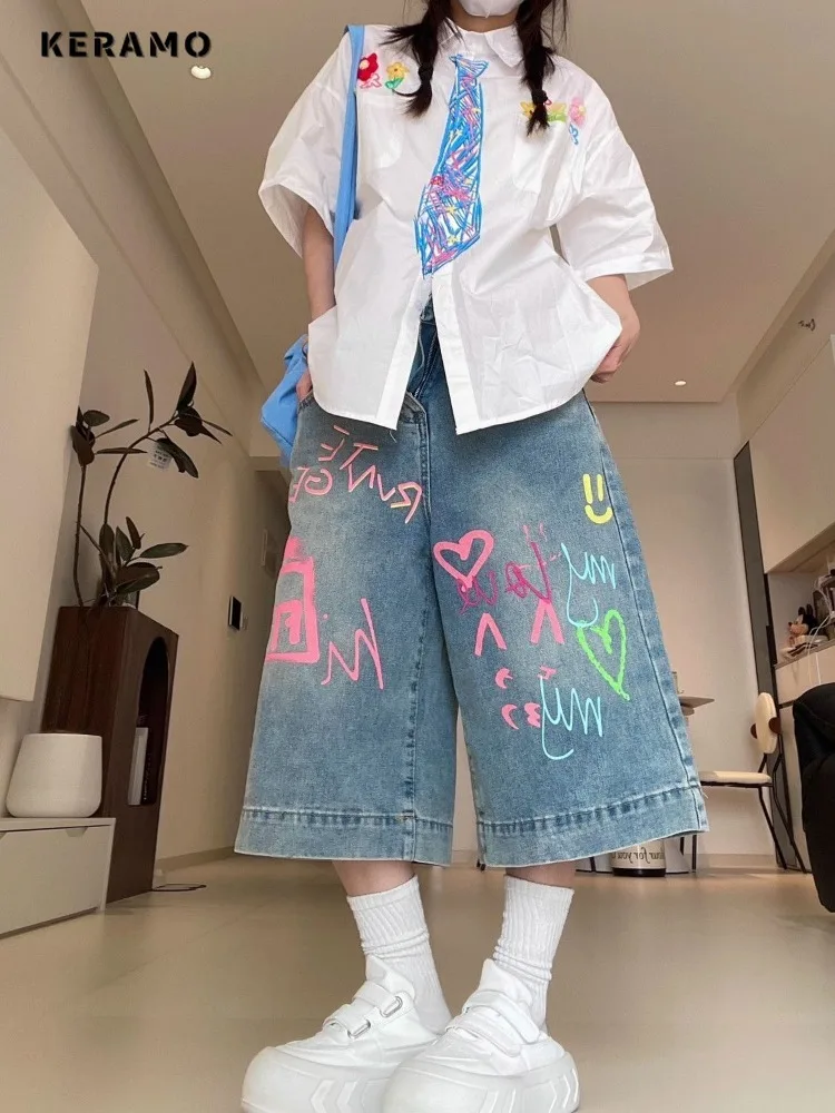 

Y2K Heart Printting Calf Length Denim Trouser Vintage Casual Emo Blue Pants Women's Street Grunge 2000s High Waist Heart Jeans
