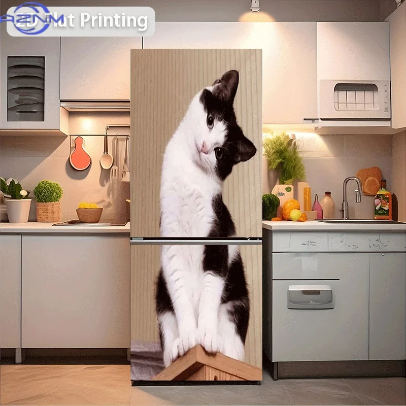 Refrigerator Sticker 60x180cm Tilted Head Black and White Cat Themed Scene Wall Decal Self-Adhesive Wallpaper Suitable for Cab