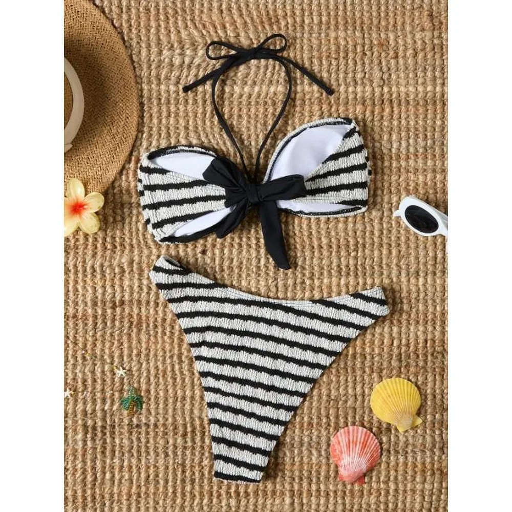 Sexy Black And White Striped Bikini Set With Straps Beach Vacation Swimwear For Women Tankini Swimsuits Women Biquinis Set