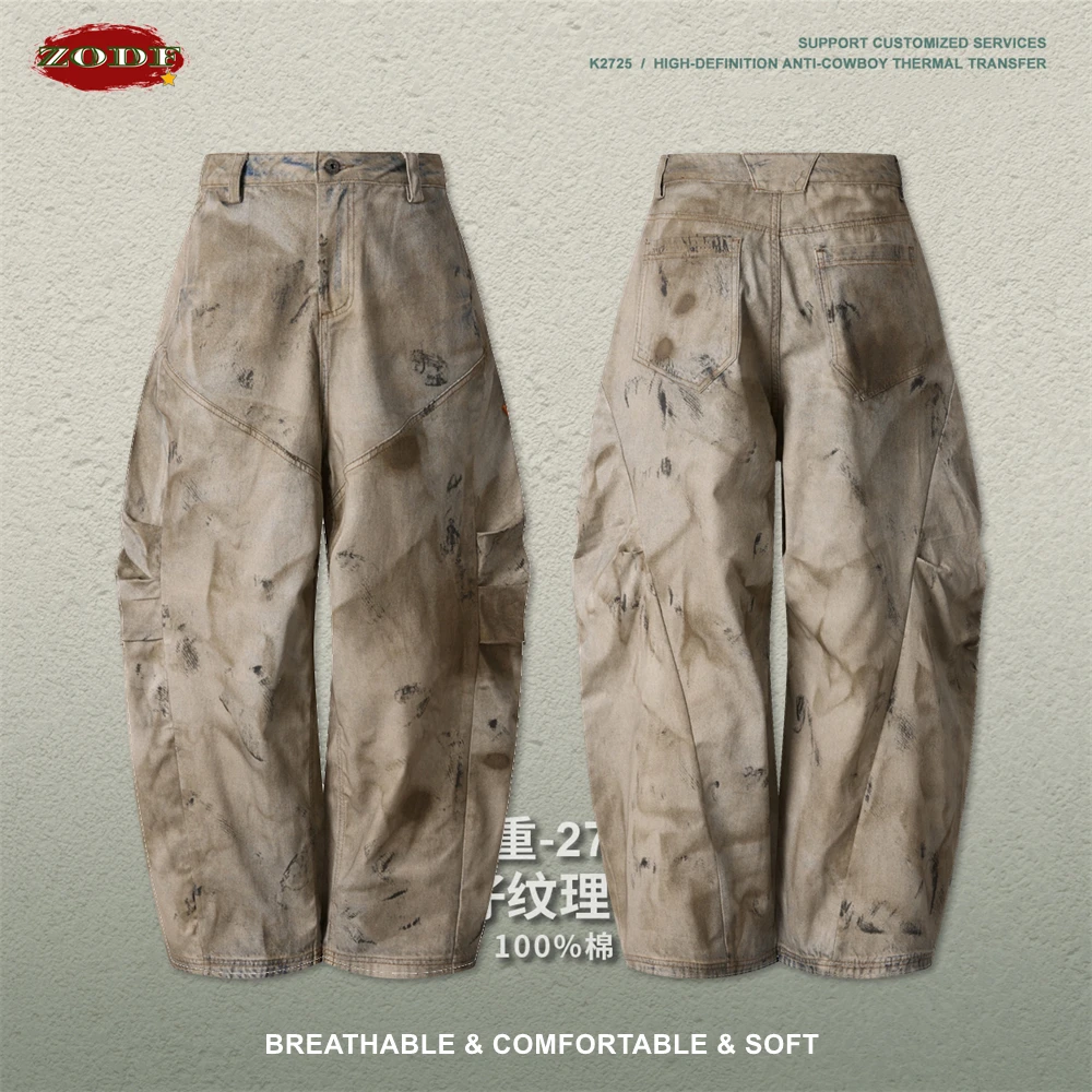 ZODF New 2026 Men 270gsm Mud Washed Machete Jeans Unisex Retro High Street Loose Distressed Denim Pants Streetwears HY1250