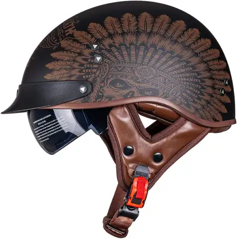 Demi-casque de moto pare-soleil boucle à dégagement rapide casques demi-visage approuvés DOT pour hommes femmes (F02-Indian, M)