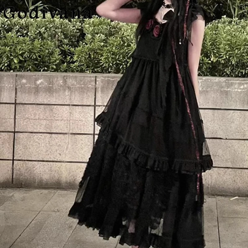 블랙 로즈 로리타 Jsk 드레스 여성 꽃 웨딩 Cos 드레스 여성 민소매 귀여운 공주 새해 인사말 드레스