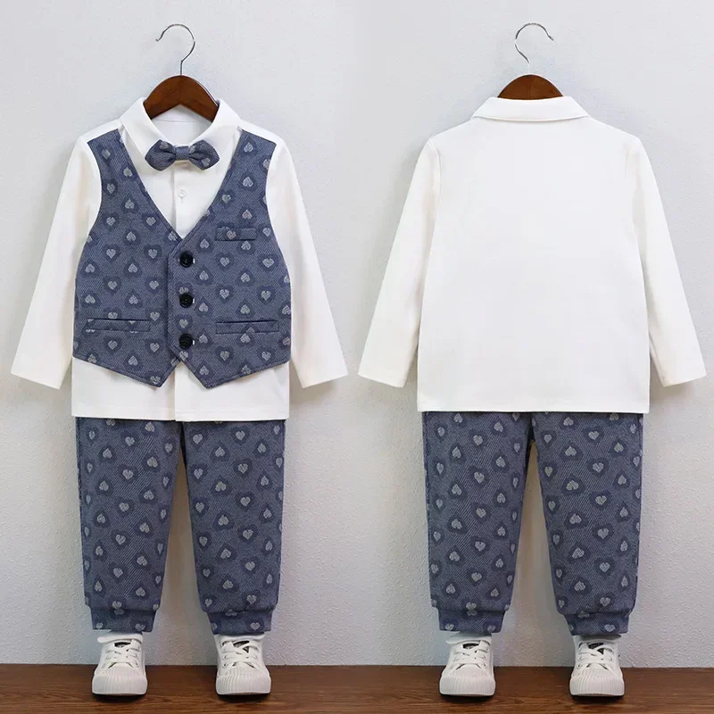 

Baby Boy Birthday Set Handsome Blue Waistcoat Fake Two-piece Casual Long-sleeved Patchwork Shirt Children Wedding Suit 0-8 Years