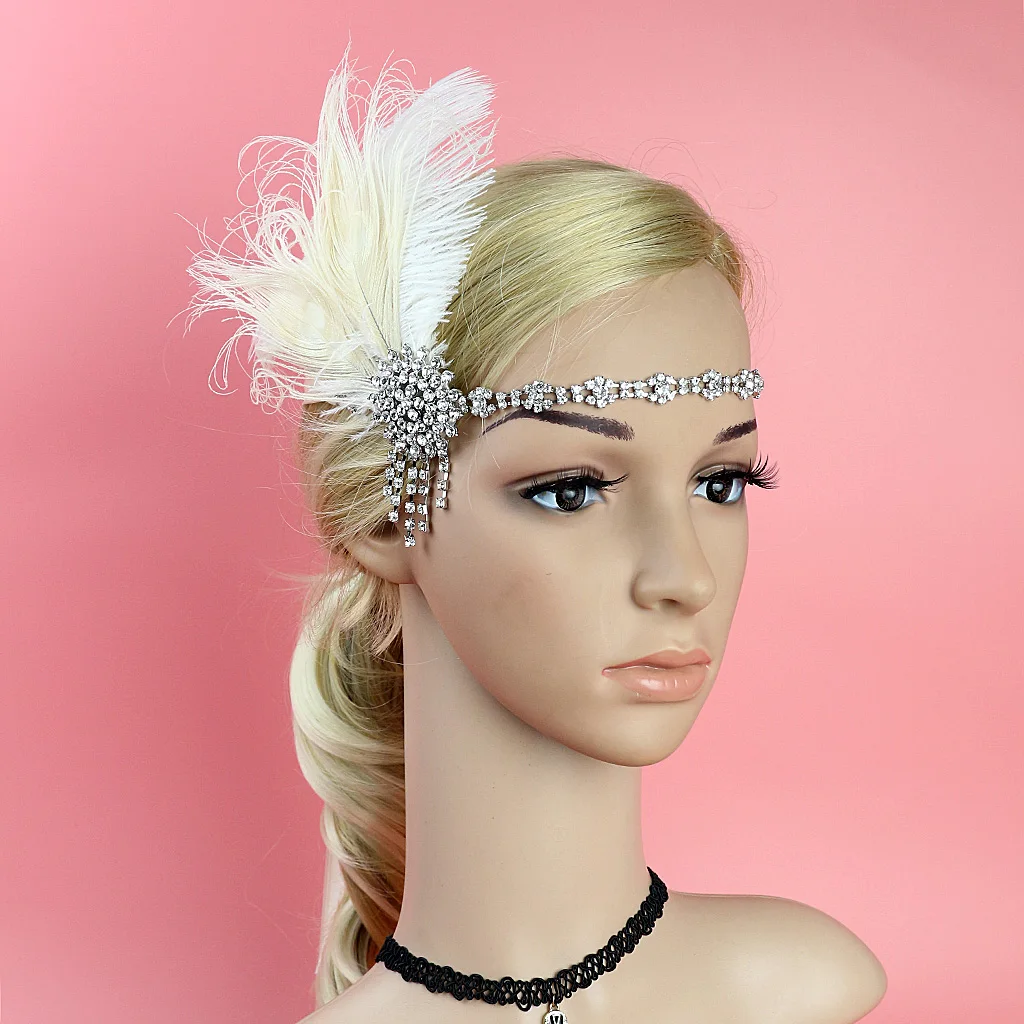 إكسسوارات الشعر حجر الراين الأسود مطرز الترتر رباط شعر 1920s خمر غاتسبي حفلة خوذة المرأة الزعنفة ريشة عقال #5