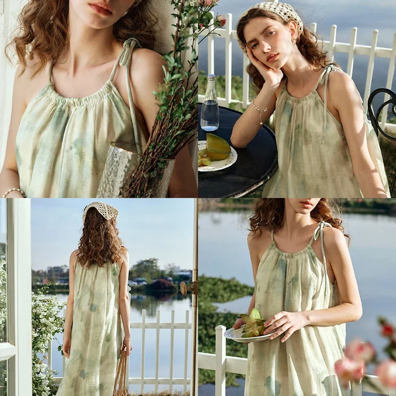 OLrain Urlaub Urlaub Lange Cami Kleider Frauen 2025, Sommer A-linie Ärmellose Chiffon Druck Elegante Sexy Kleider O24XL89918