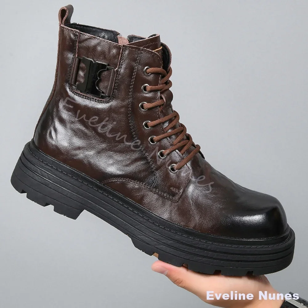 Mixed Color Fleece-lined Leather Boots Men Brown Cross Tied Side Zipper Platform High Boots Winter Warm Fashion Mid-calf Boots