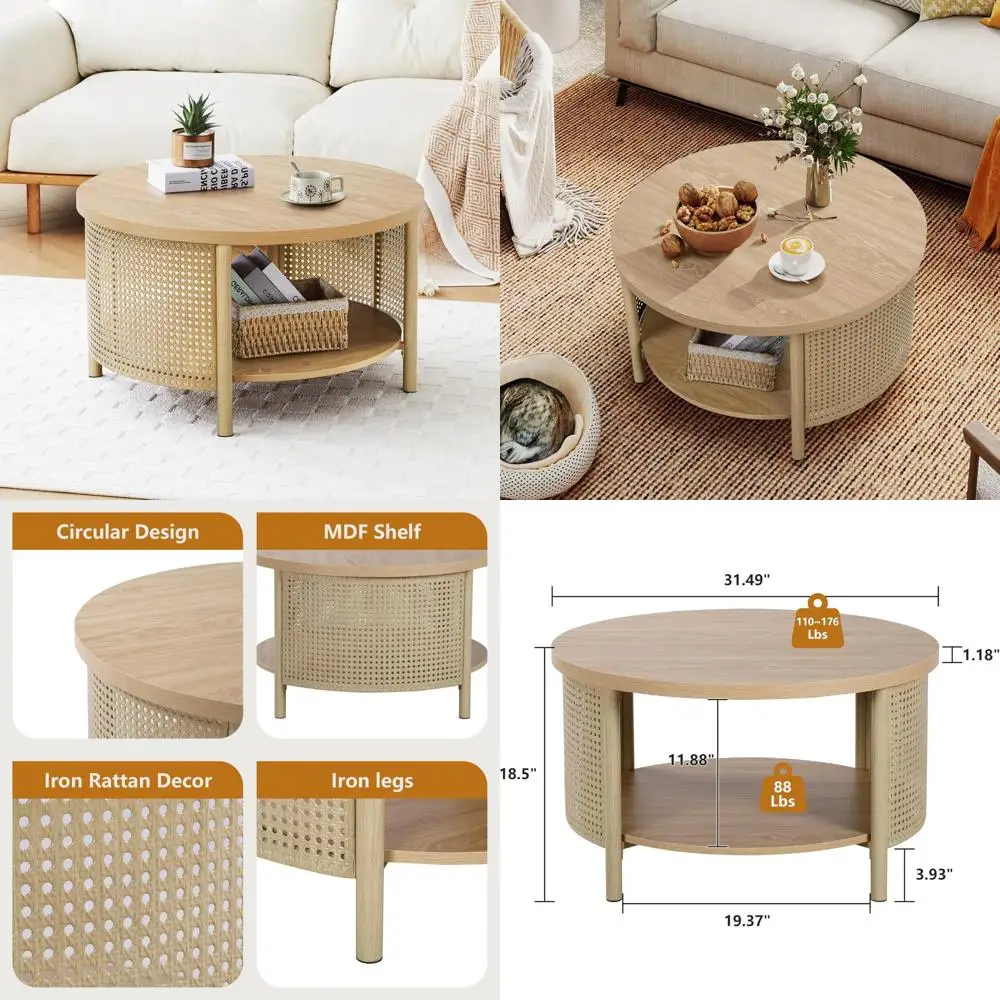 

Two-Tiered Rattan Coffee Table with Storage for Living Room, Boho Modern Wooden Center Table