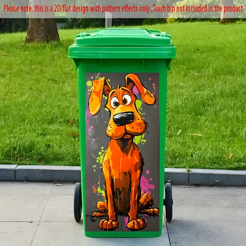 Papelera de cubo de basura de perro de dibujos animados plano 2D, autoadhesivo, diseño temático de animales coloridos, decoración del hogar para cocina, cubo de basura para exterior, 1 ud.