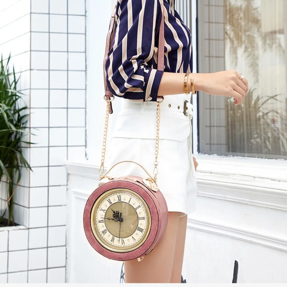 

Creative clock small round bag fashion retro PU messenger bag personalized fun shoulder bag