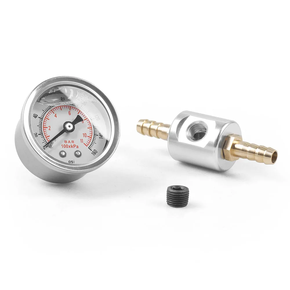 For Universal 1/8 Fuel Gauge Liquid Filled Polished Housing 0-160 Psi and Fuel Injection System Adapter Kit