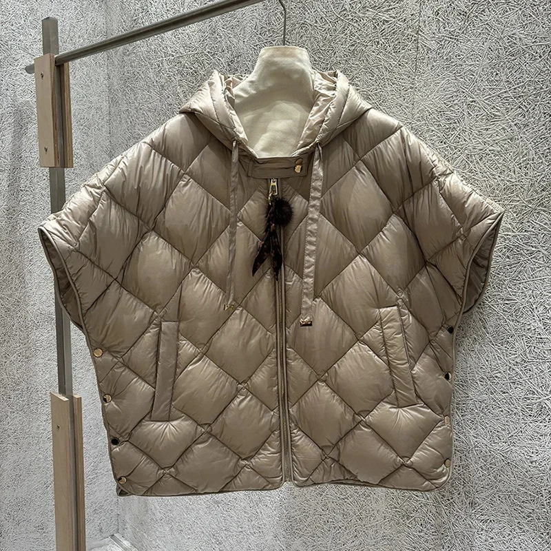 Schinteon Women's 90% White Duck Down Irregular Vest with Hood Argyle Sleeveless Jacket Fashionable Autumn Winter Cape 2026 New