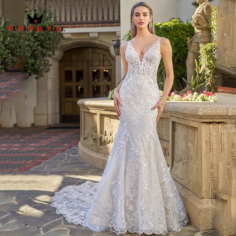 Vestido De Novia largo hasta el suelo De sirena con apliques exquisitos, vestido De Novia con cuentas De encaje, sin mangas, cuello en V, Y85H, nuevo