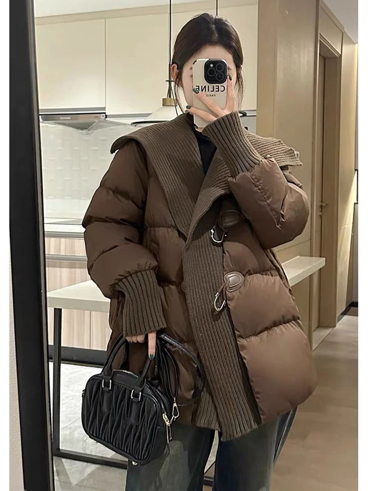 2025 Winter New Large Lapel White Duck Down Parka Loose Winter Thick Mid Long Style Cow Horn Buckle Jacket Fashionable Outwear