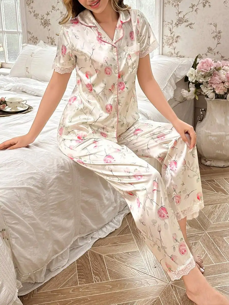 

Lace Trimmed Faux Silk Floral Print Collared Short Sleeve Pajama Set For Women