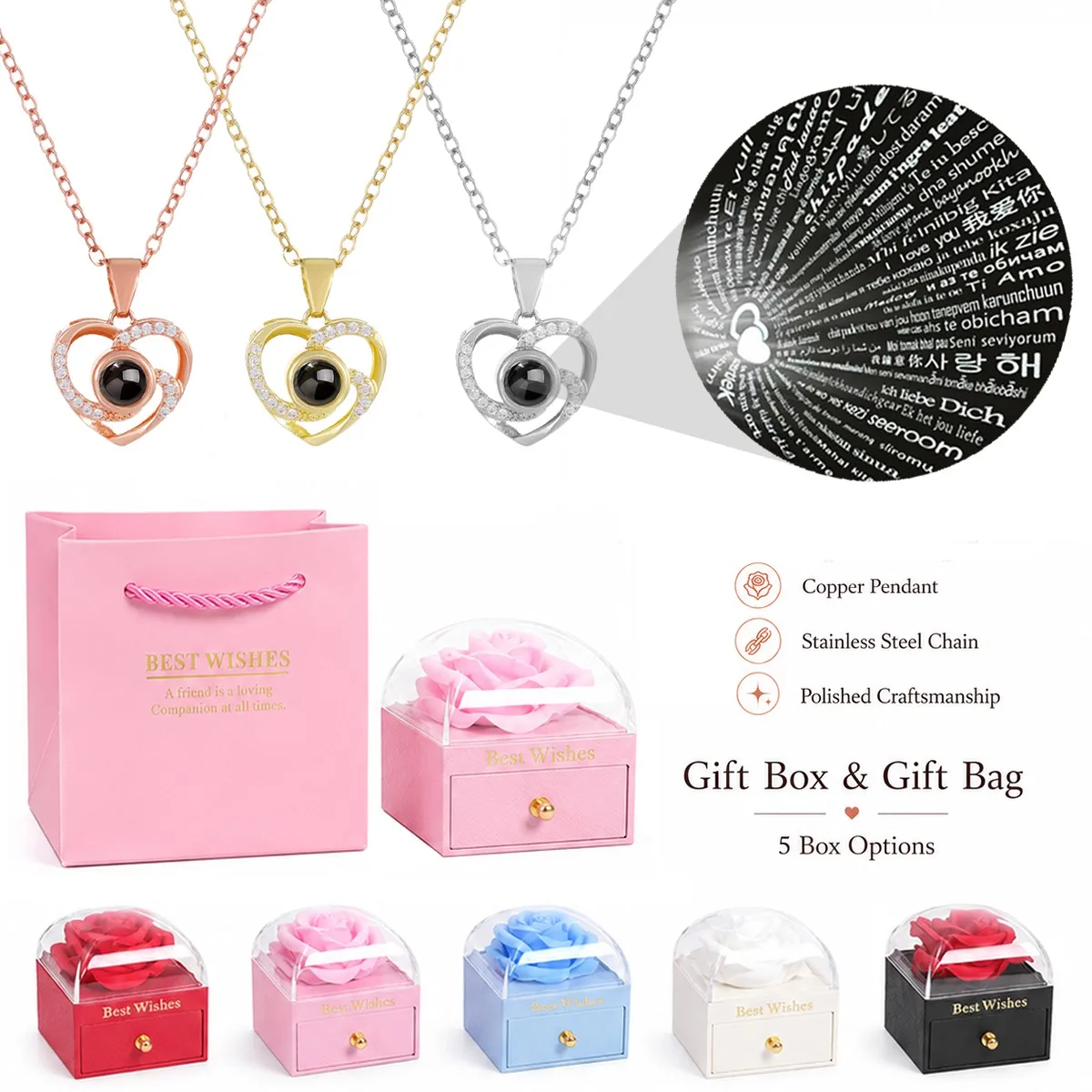 Necklace 100 Languages Projection Heart Pendant With Rose Gift Box For Women Girlfriend Wife Christmas Day Valentine Birthday