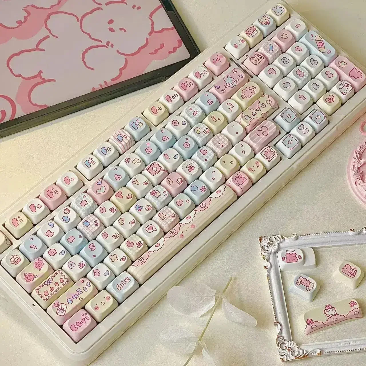 Pink Blue Rabbit Keycap ROA Height PBT Material Sublimation Cartoon Cute Girl Cross Keycap