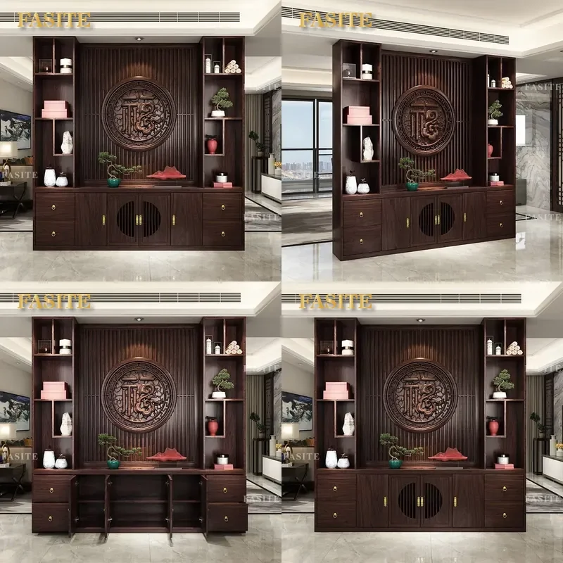 For New Chinese Style Solid Wood Screen Living Room Partition Entrance Cabinet Fu Character Relief High End Shelf Home Decor