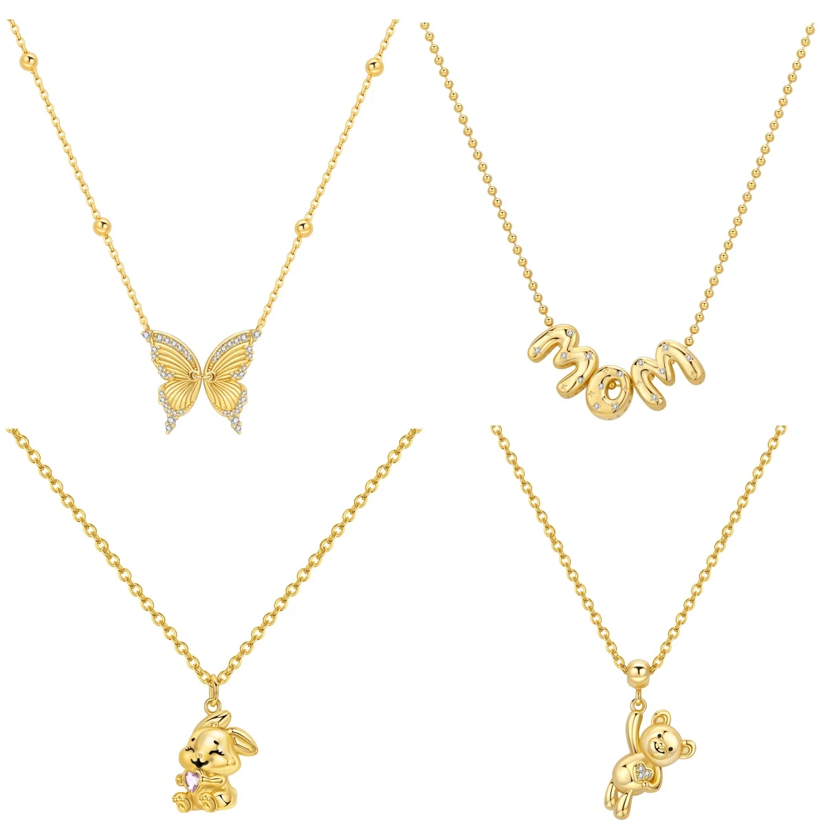 

MISEFF S925 Sterling Silver Necklace Jewelry 18K Gold Plated Animal Dog Rabbit Butterfly Teddy Bear Necklace For Women Gift