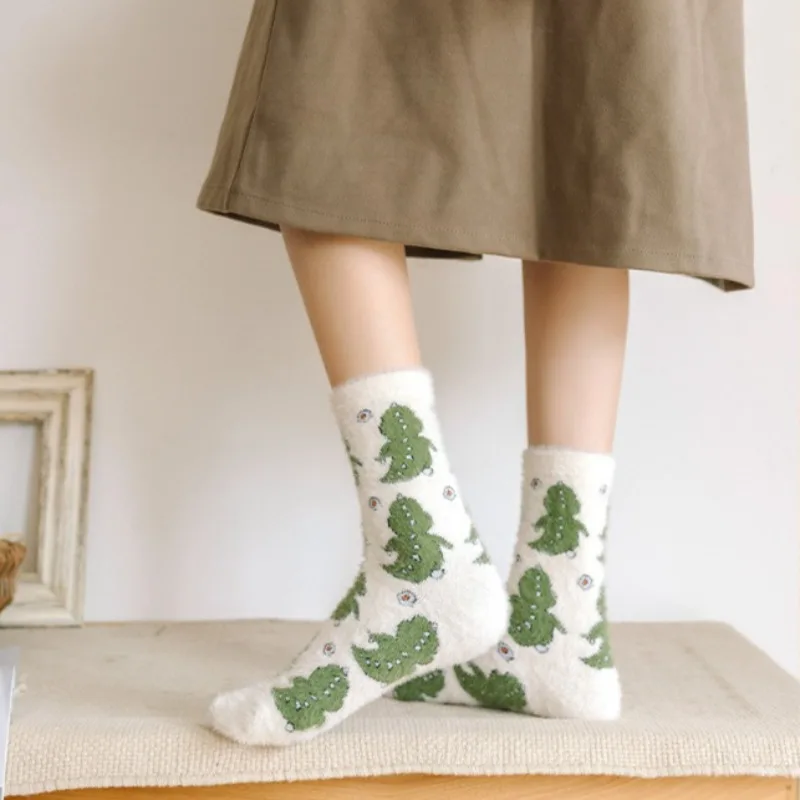 1 Pairs Fall/Winter Pastel Dinosaur Women Socks Thickened Knit Lining for Warmth Cute Family-friendly Cozy Socks Perfect Gift