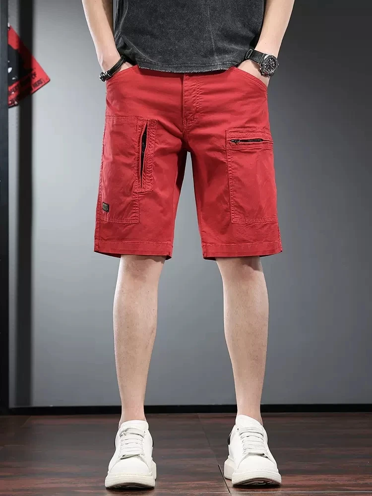 Cotton Baggy Men's Shorts Summer Fashion Red Multiple Pockets Straight Knee Length Shorts CP2292