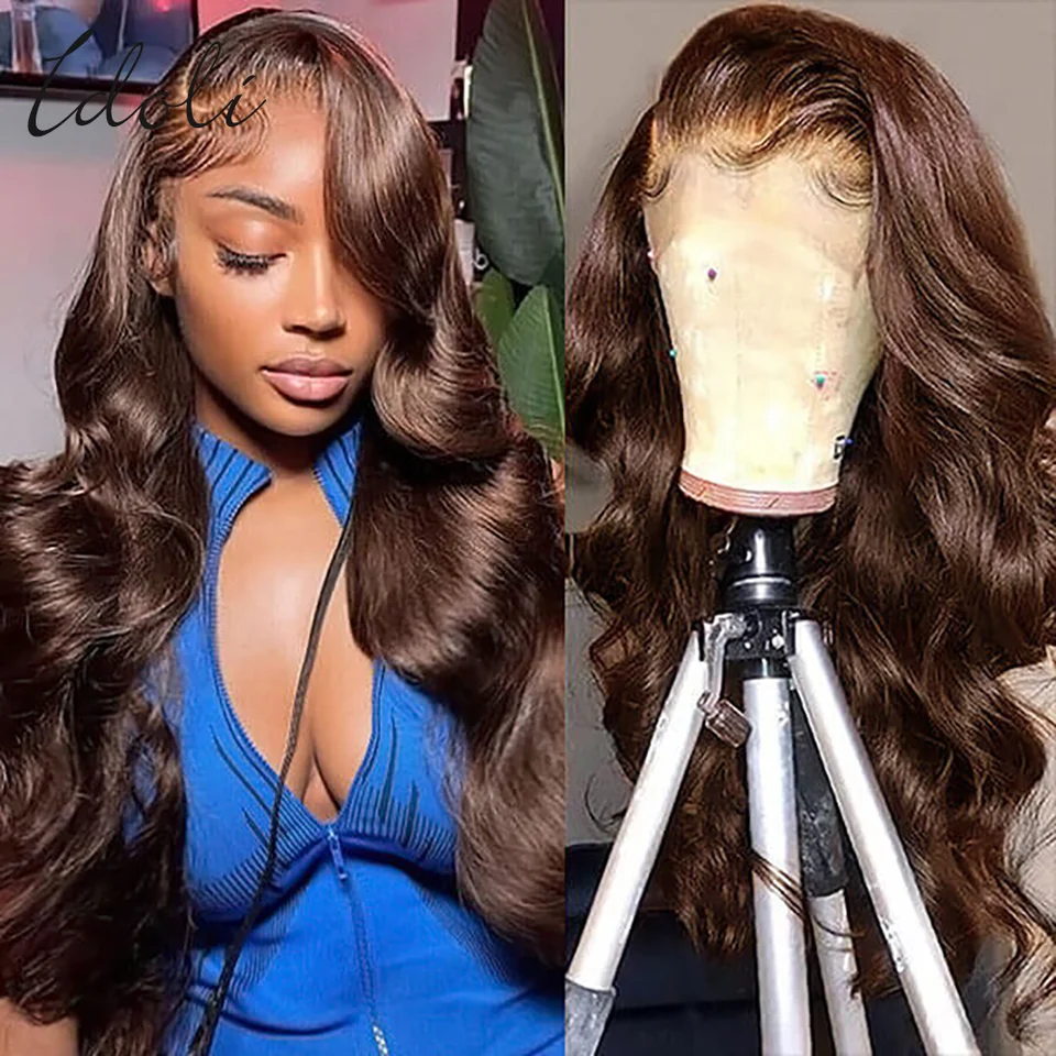 COPY - Brown Beach Waves Transparent Lacefront Wig 4 Chocolate Brown Wig Deep Wave 13x6 HD Transparent Lace  main image 4
