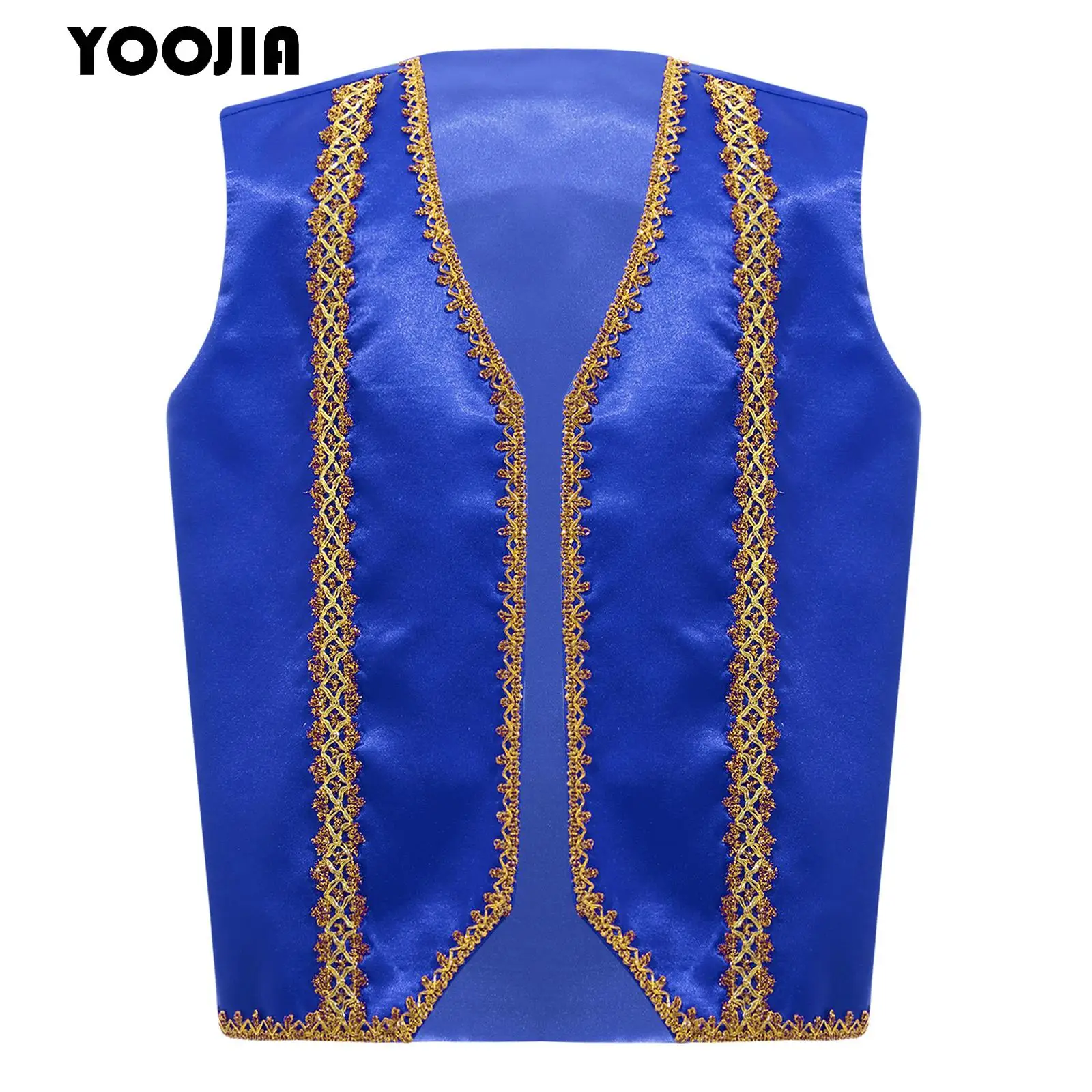 

Children Boys Arabian Prince Stain Vest Costume Gold Trim Open Front Waistcoat Halloween Fairytale Drama Genies Cosplay Costume